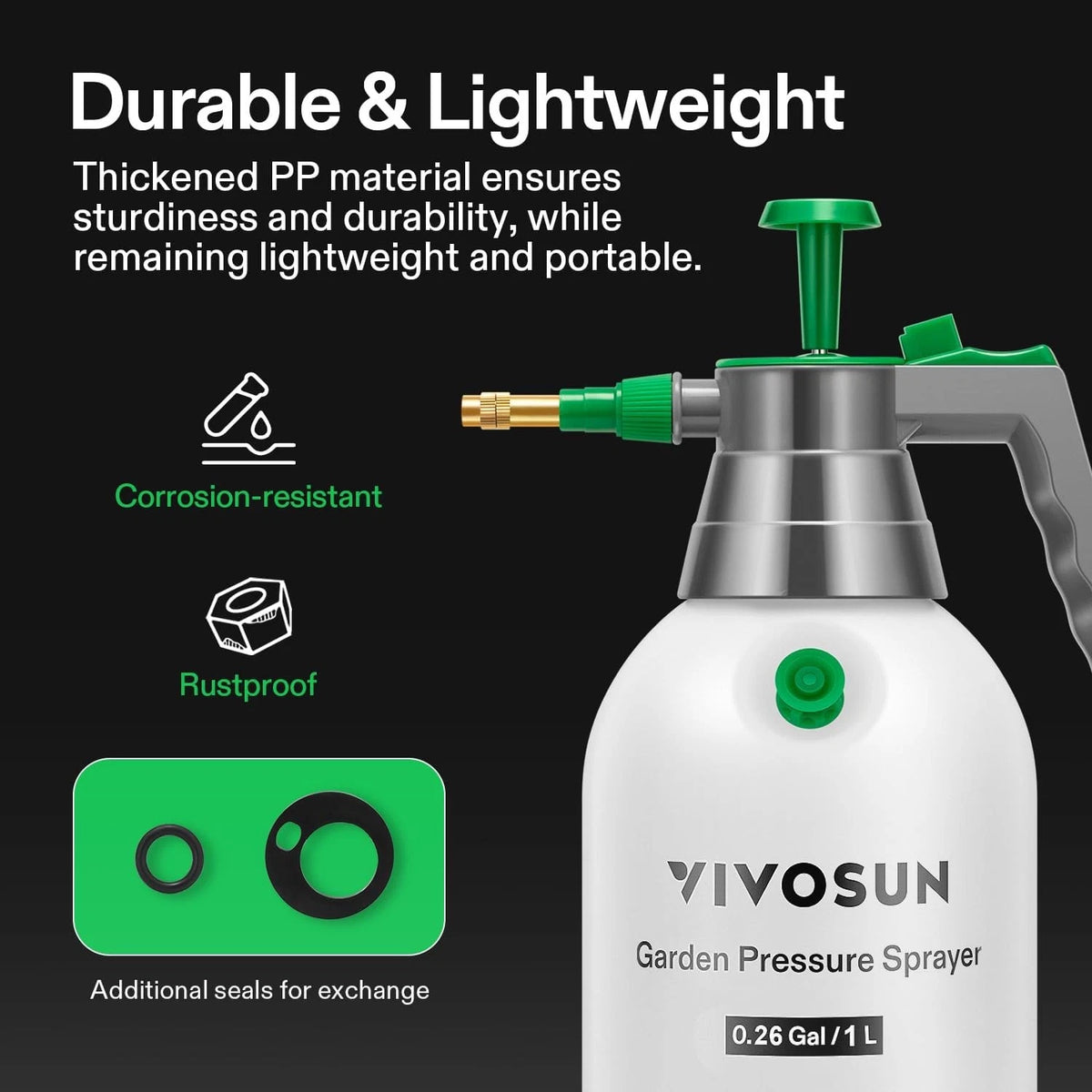 VIVOSUN garden pressure sprayer with durability features on a black background