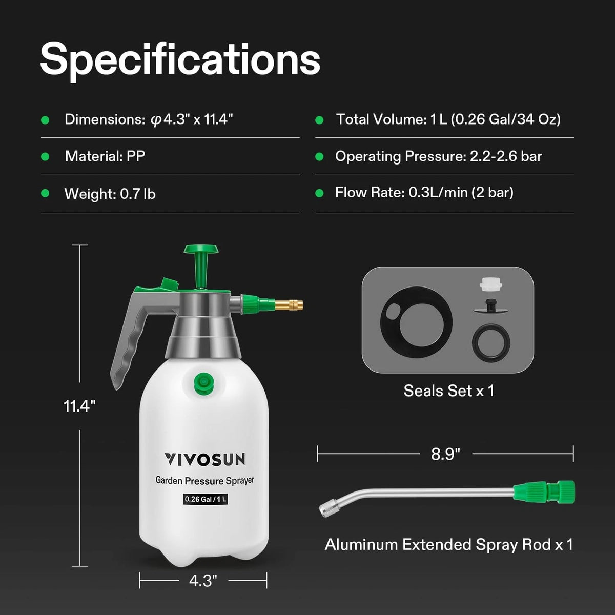 VIVOSUN garden pressure sprayer with specifications on a black background