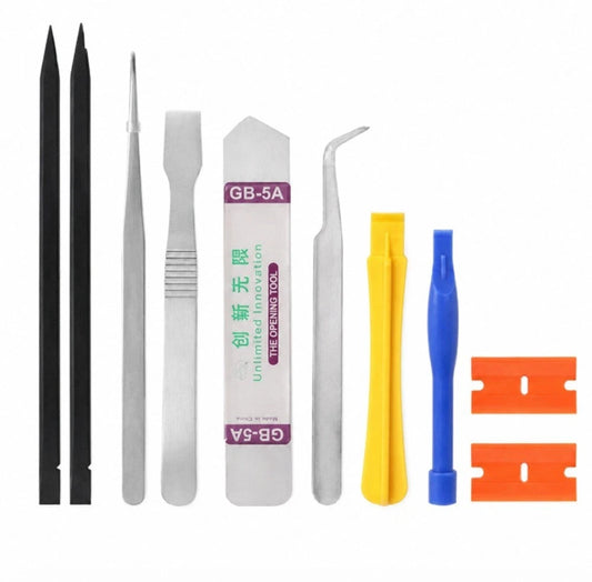 A set of precision opening and smartphone repair tools arranged on a white background, including two black pointed picks, two silver metal tweezers, a flat metal spatula, a curved metal tool, a white plastic tool in a branded sleeve labeled GB-5A, a yellow plastic tool, a blue plastic tool, and two orange plastic scraper blades.