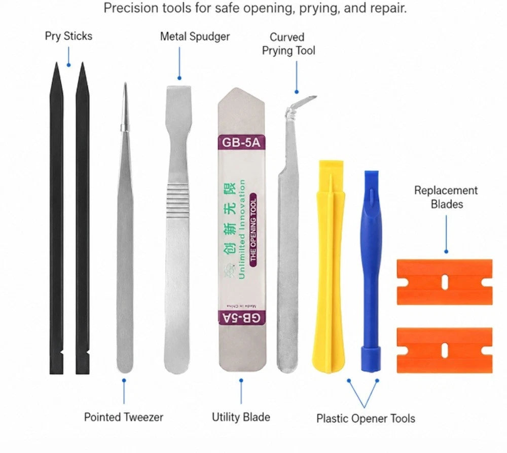A set of precision prying and smartphone repair tools arranged on a white background with labeled callouts: two black pry sticks, a metal spudger, a curved prying tool, a GB-5A utility blade, two yellow plastic opener tools, two blue plastic opener tools, and two orange replacement blades.