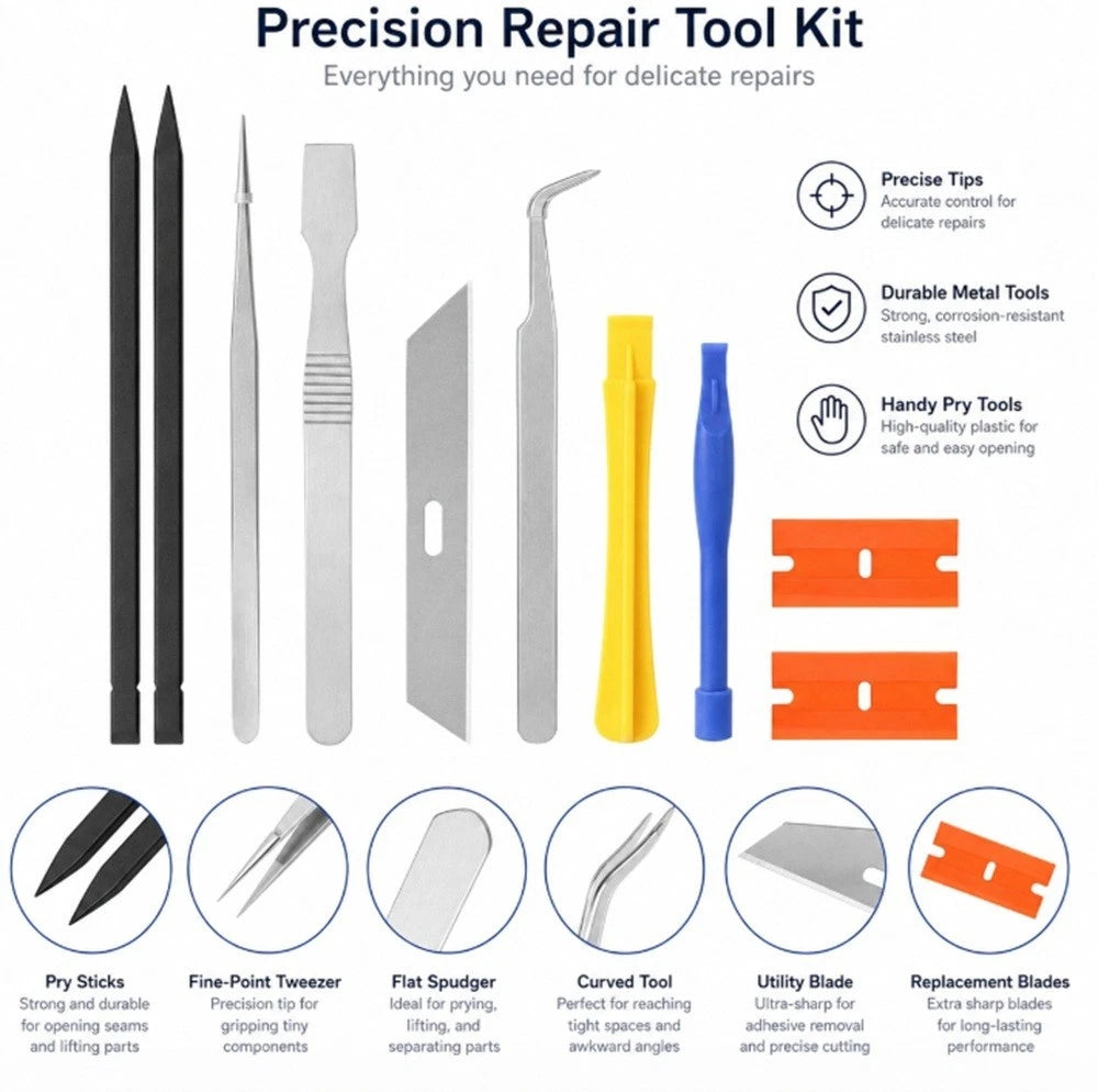 Precision Electronics Repair Tool Kit with various metal precision tools, yellow and blue plastic pry tools, and orange replacement blades, displayed on a white background with detailed feature callouts.