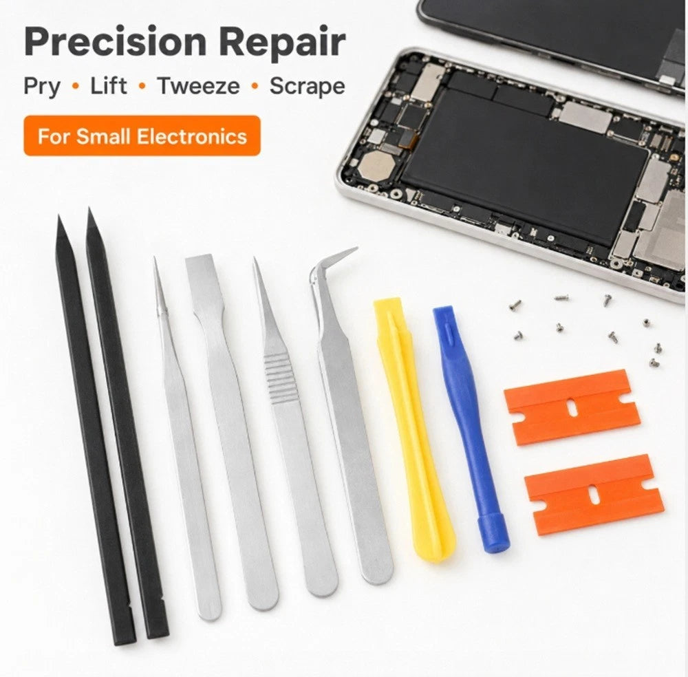 Precision phone repair tools laid out on a white background, including two black plastic prongs, four silver metal tweezers, a yellow plastic tool, a blue plastic tool, two orange plastic pry bars, and several small screws. Text at the top reads 'Precision Repair' and 'For Small Electronics.