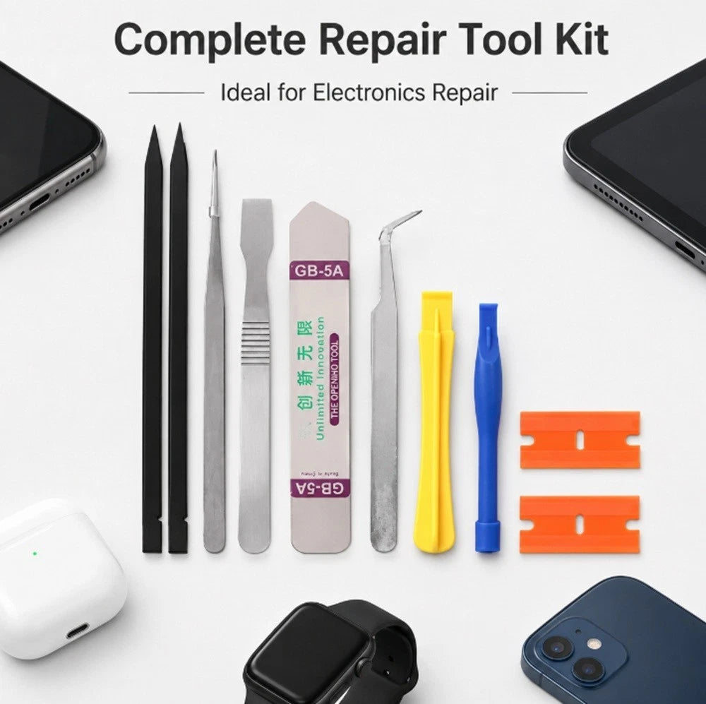 An electronics repair tool kit arranged on a white background with a smartphone, smartwatch, earbud case, and phone accessory shown around it. The kit includes metal precision tools, a small screwdriver, two yellow plastic prongs, two blue plastic prongs, two orange plastic spacers, and a white-and-purple nail file.