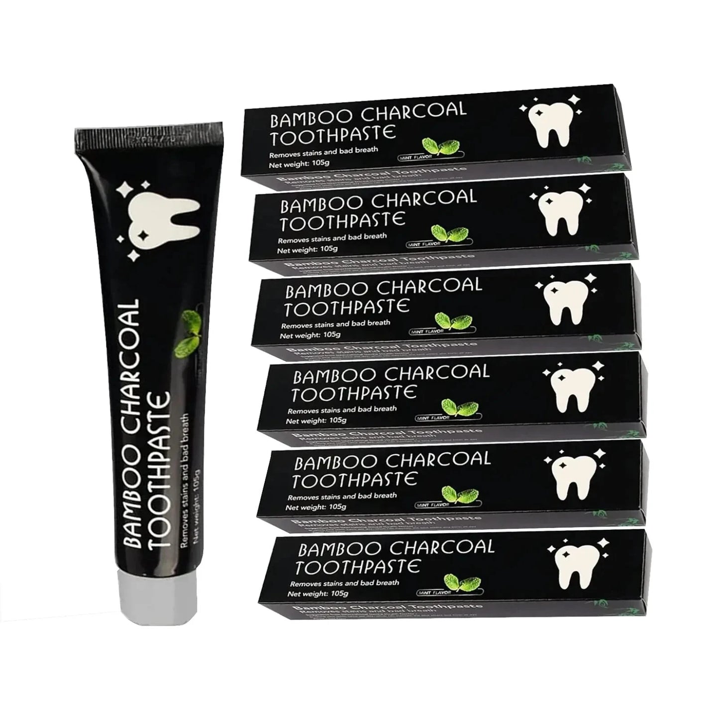A tube of bamboo charcoal toothpaste with packaging that includes several boxes with the toothpaste name displayed.