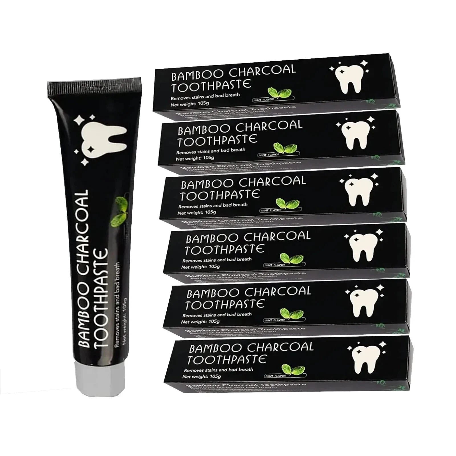 A tube of bamboo charcoal toothpaste with packaging that includes several boxes with the toothpaste name displayed.