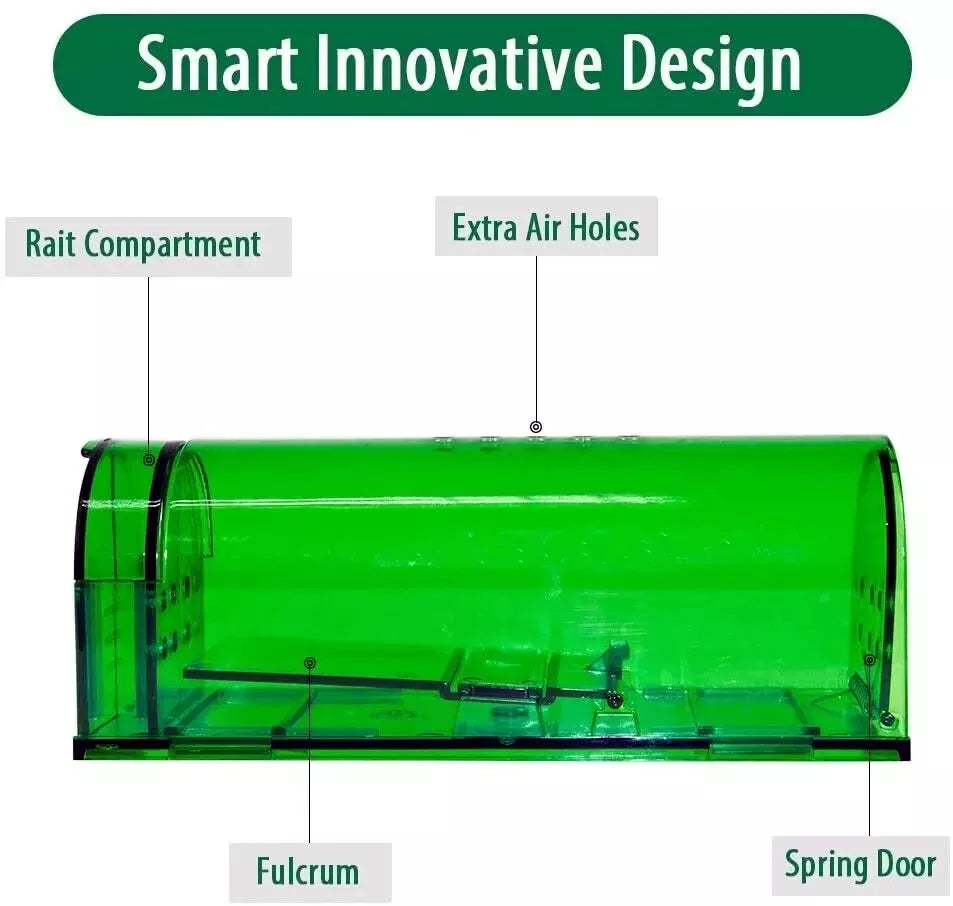 green live mouse trap showing features, extra air holes, bait compartment, fulcrum, & spring door.