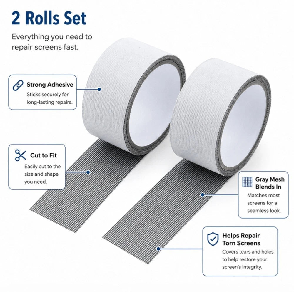 Two rolls of gray mesh window and door screen repair tape on a white background with callout text boxes describing features like strong adhesive, cut to fit, gray mesh blending, and help repairing torn screens.