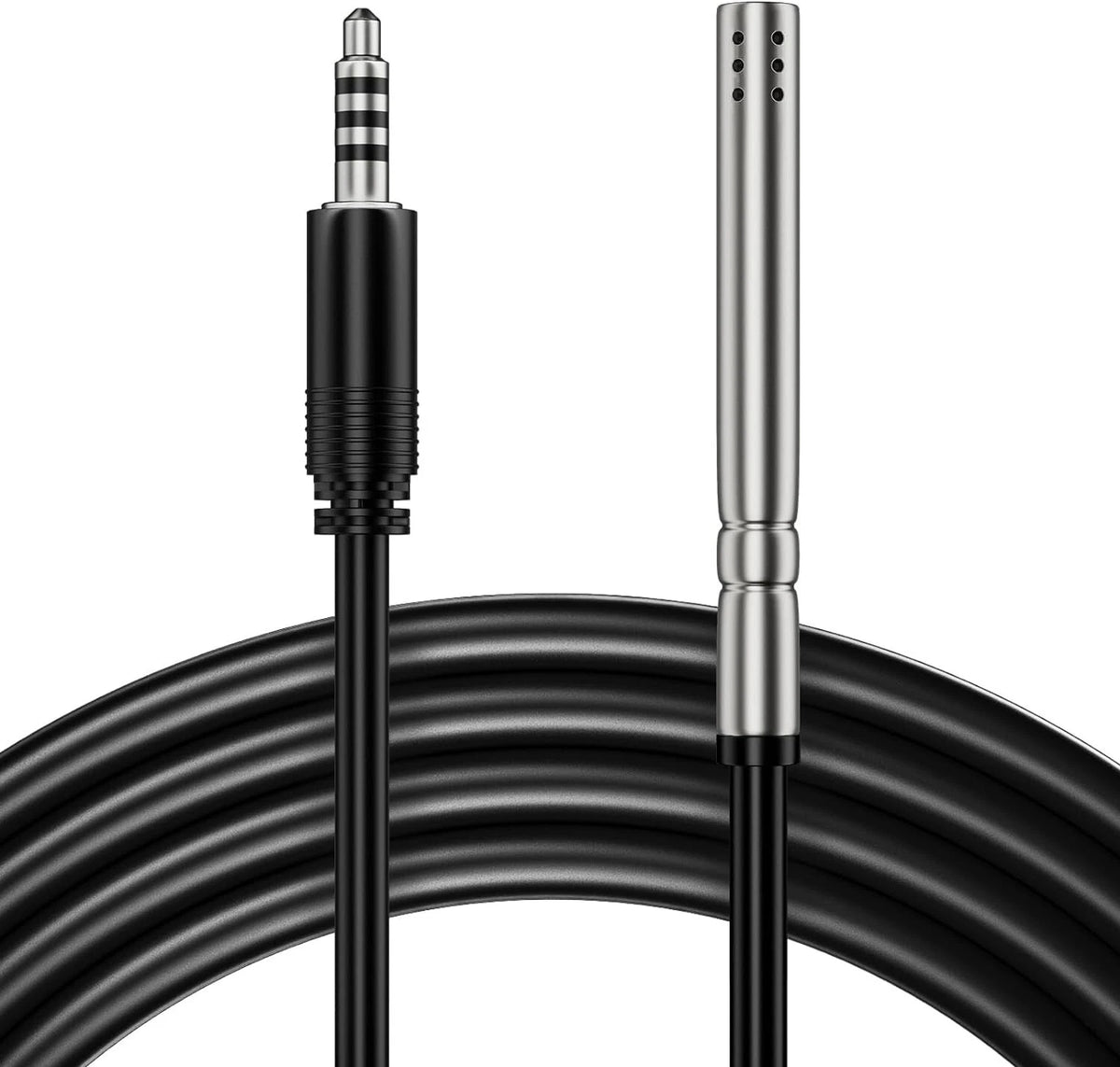 VIVOSUN stainless steel temperature and humidity probe ends with black 12ft cord and white background.