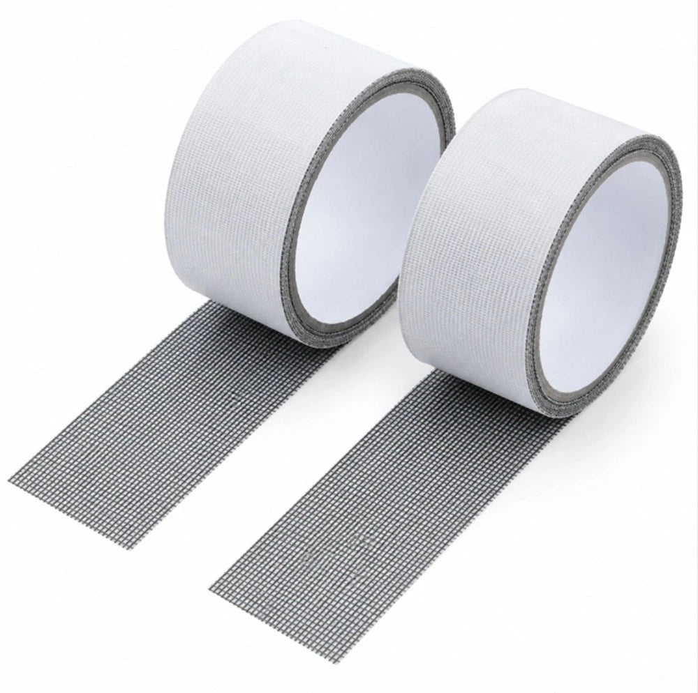 Two rolls of gray adhesive window screen repair mesh tape with white backing, shown on a clean white background.