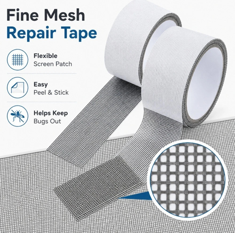 Fine mesh window screen repair tape shown in two rolls with a strip unrolled, plus marketing text reading 'Fine Mesh Repair Tape' and feature icons for flexible screen patch, easy peel & stick, and bug protection. A circular inset shows the mesh pattern close-up.