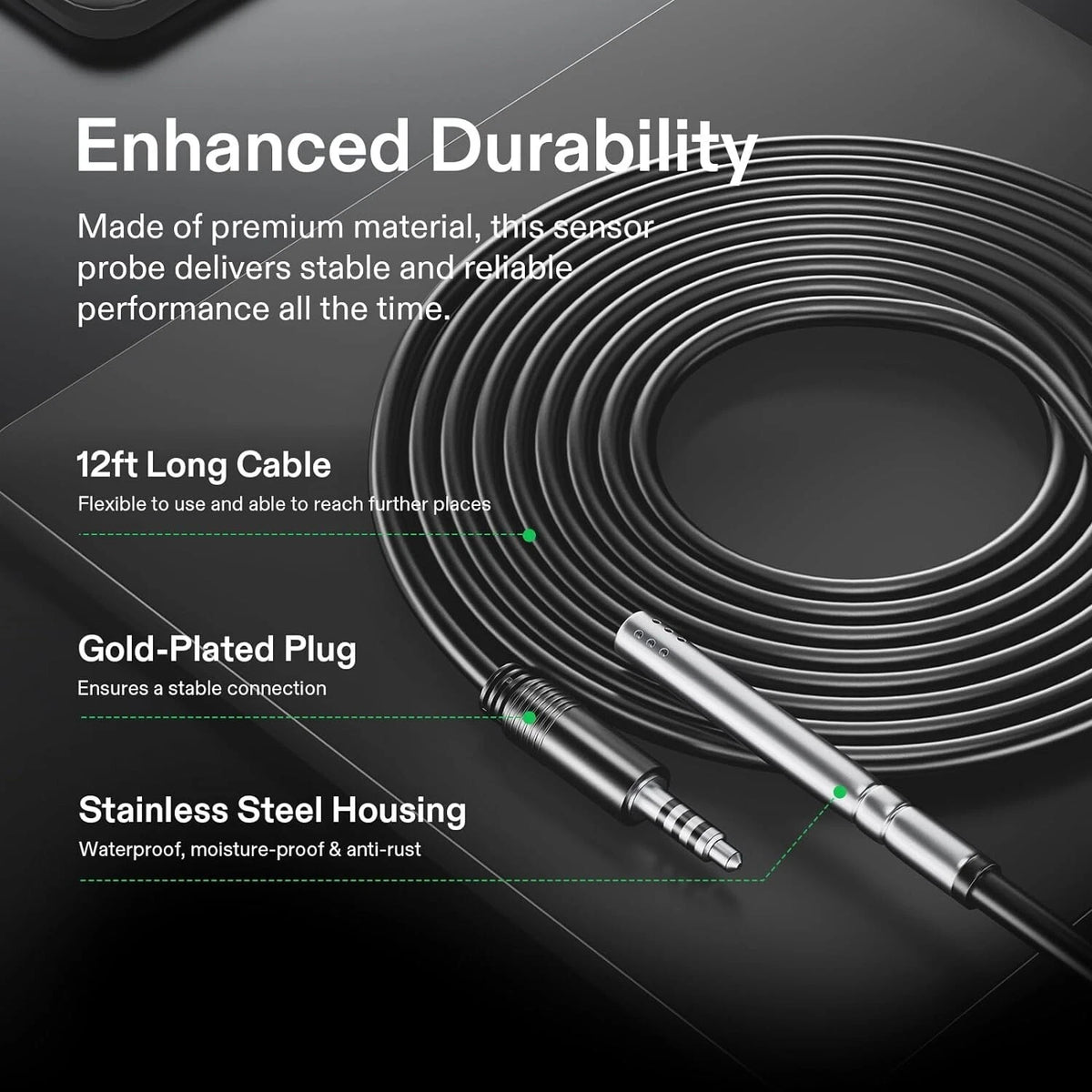 Temperature and Humidity Sensor probe with 12ft long cable, gold-plated plug, and stainless steel housing on a dark background.