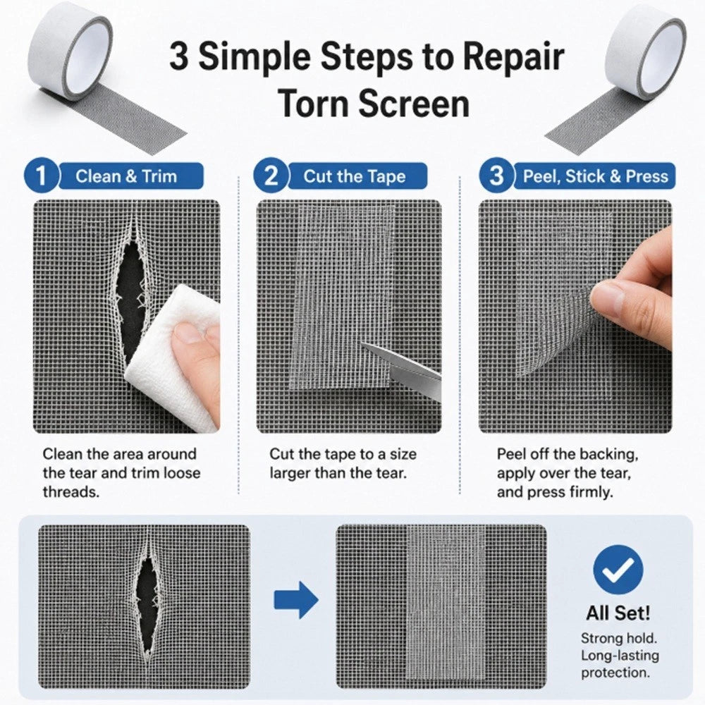 Instructional graphic for repairing a torn screen with window screen repair adhesive tape, showing three numbered steps: clean and trim the area around the tear, cut the tape to the right size, and peel the backing to apply the tape over the tear. Includes close-up panels of the tape and a success result.