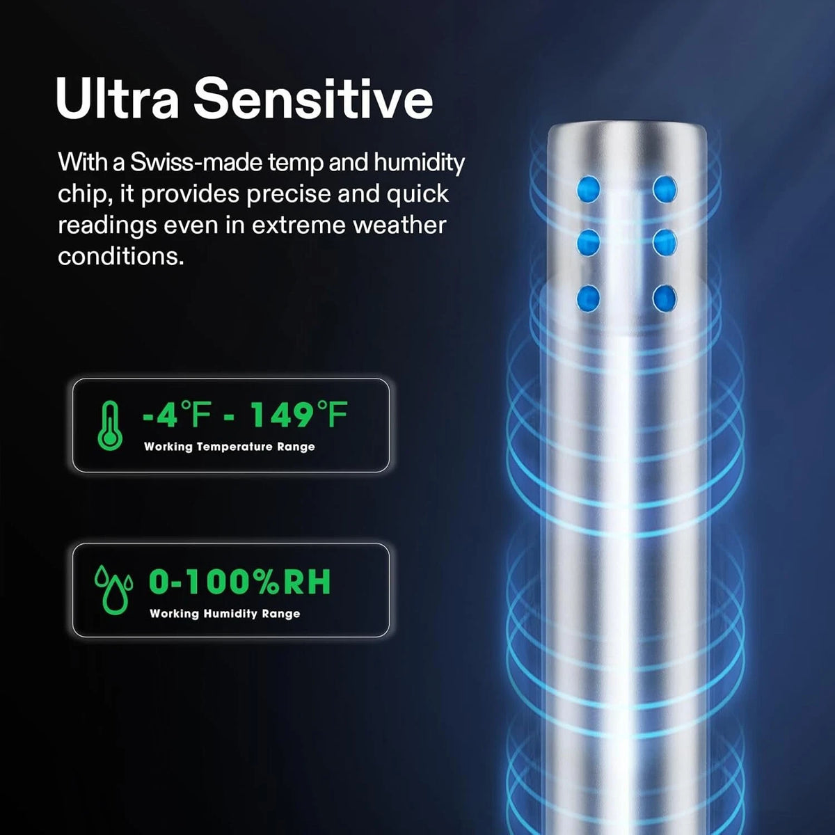 A promotional graphic for a sensitive digital hygrometer thermometer. The image features a metallic silver cylindrical probe with glowing blue LED indicators and concentric blue light rings on a dark background.