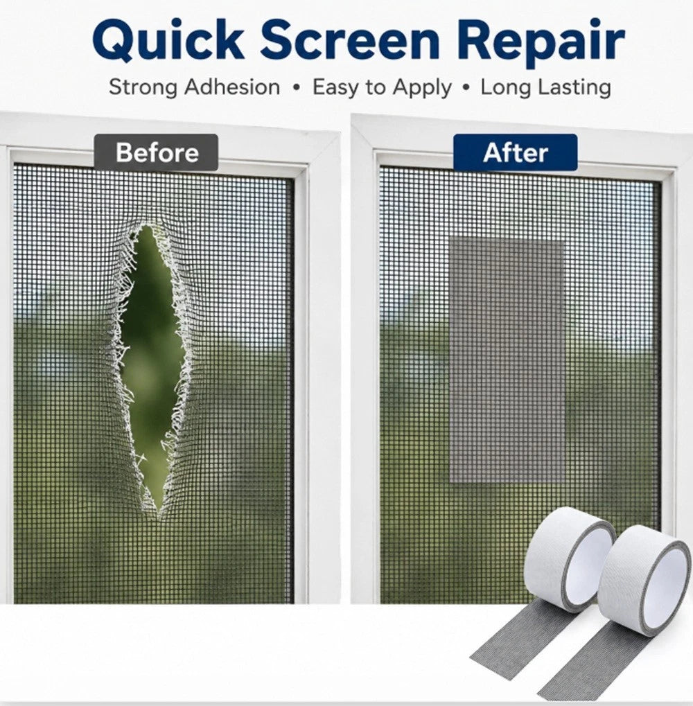 Before and after comparison of quick screen repair tape on a window screen, with two rolls shown at the bottom right. The image includes text reading 'Quick Screen Repair' and 'Before' and 'After' labels.