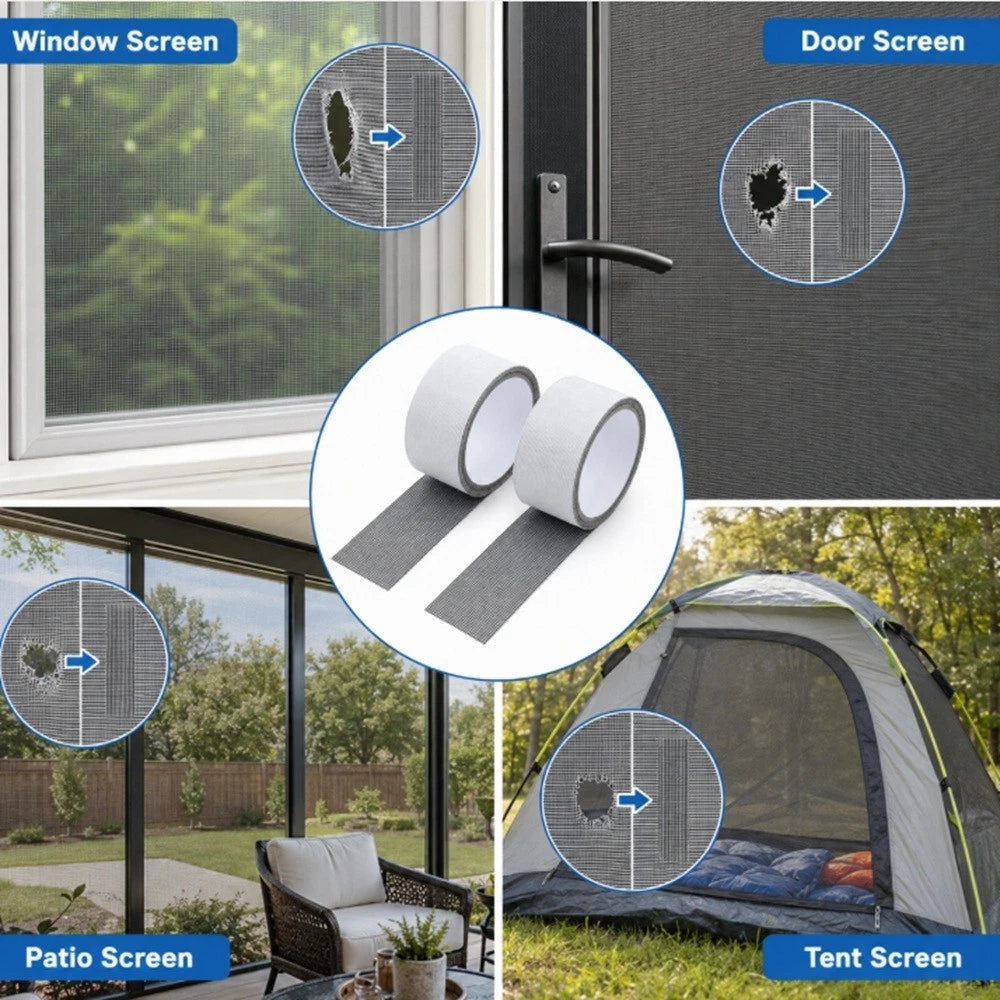 A collage showing screen tape applied to a window screen, door screen, patio screen, and tent screen, with circular close-up callouts highlighting holes or gaps that the tape seals.
