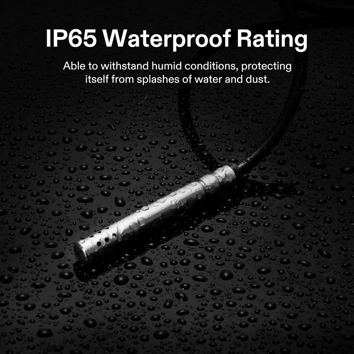 VIVOSUN temperature and humidity sensor probe with IP65 waterproof rating on a black surface with water droplets