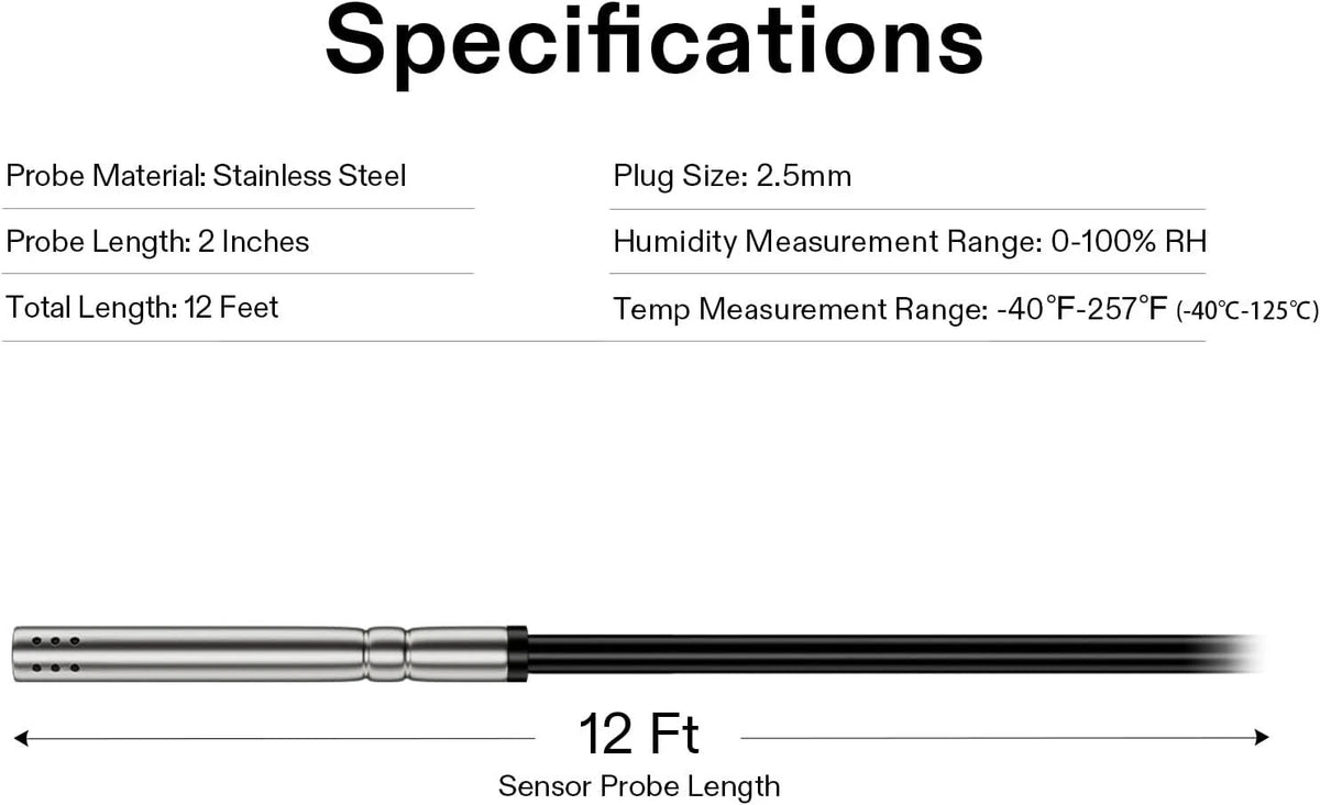VIVOSUN Temperature and humidity sensor probe with specifications listed on a white background