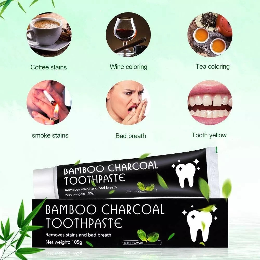 Bamboo charcoal toothpaste packaging with images of dental issues and solutions on a light green background.