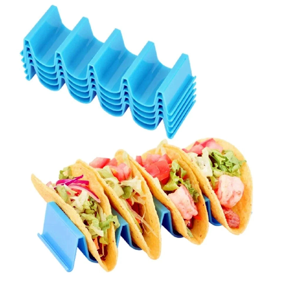 Blue plastic wave taco holders with tacos on a white background