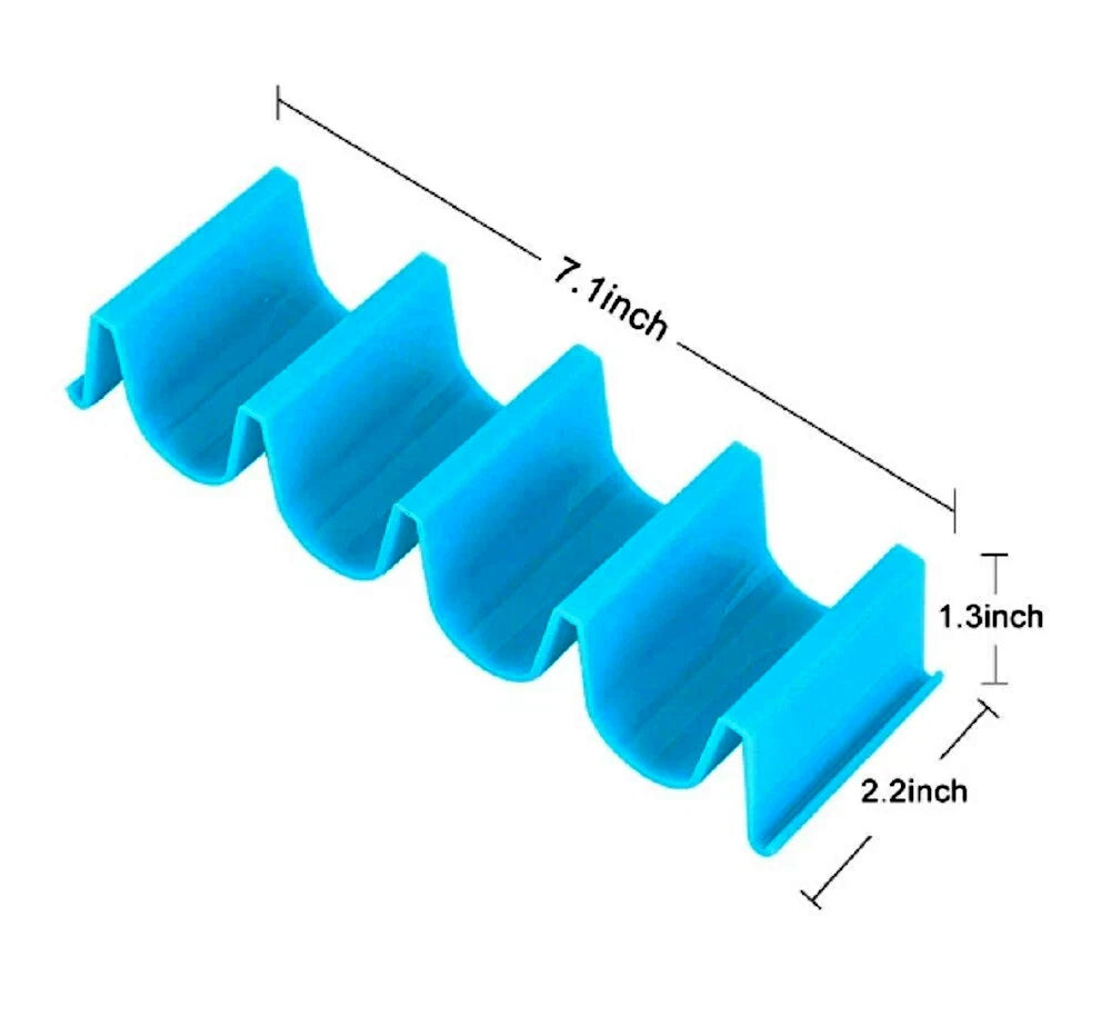 Blue plastic taco holder with measurements on a white background