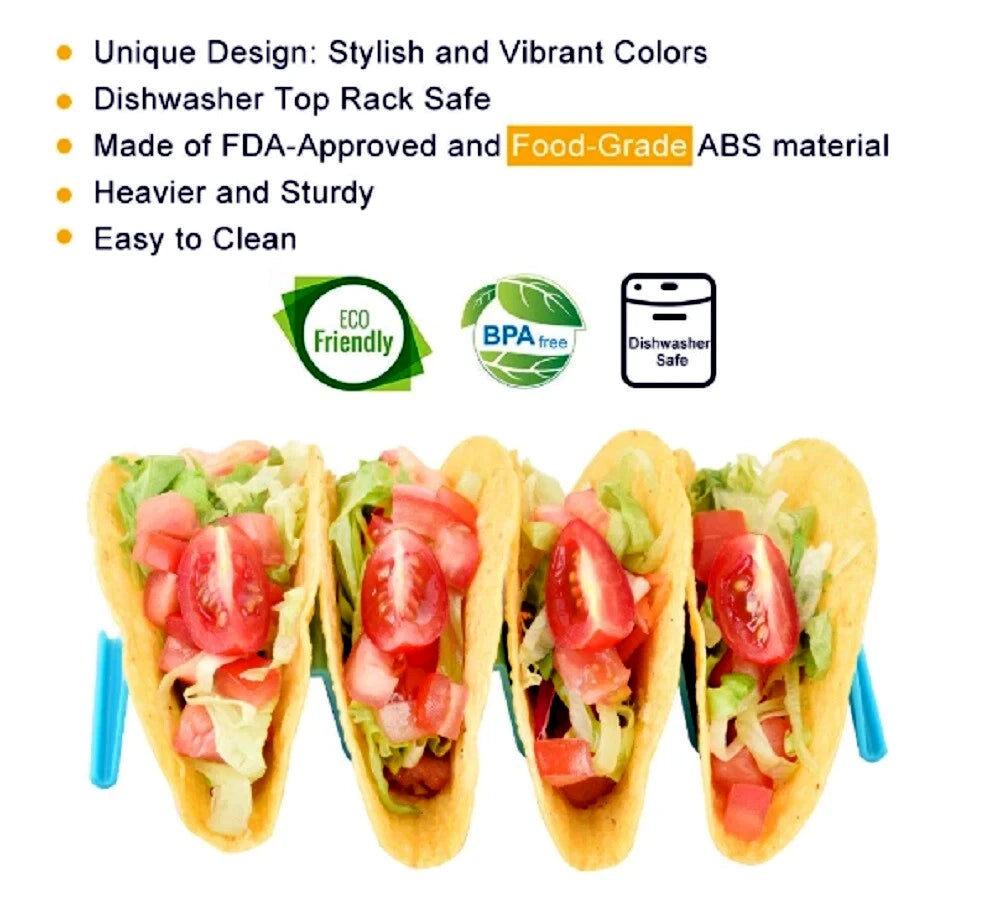 Four tacos inside of taco wave rack holder with food inside, featuring eco-friendly, BPA-free, and dishwasher-safe labels.