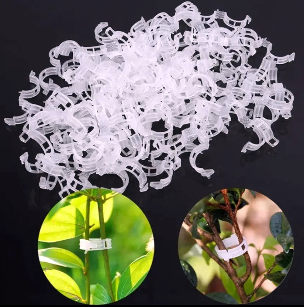 Clear plastic plant clips on a black background with close-up insets showing their use on plants.