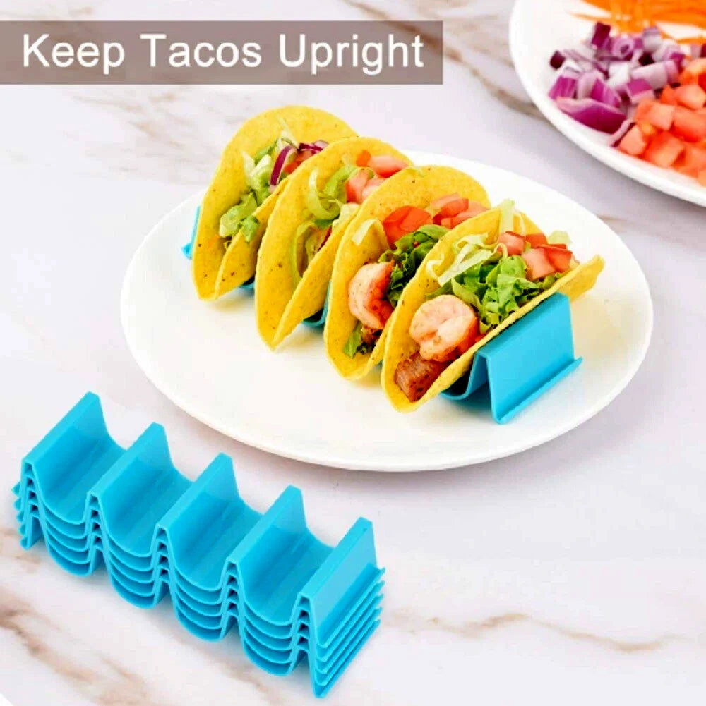 Blue taco holders with tacos on a plate, accompanied by text 'Keep Tacos Upright'.