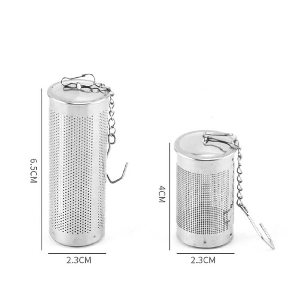 Stainless steel tea infuser with dimensions on a white background