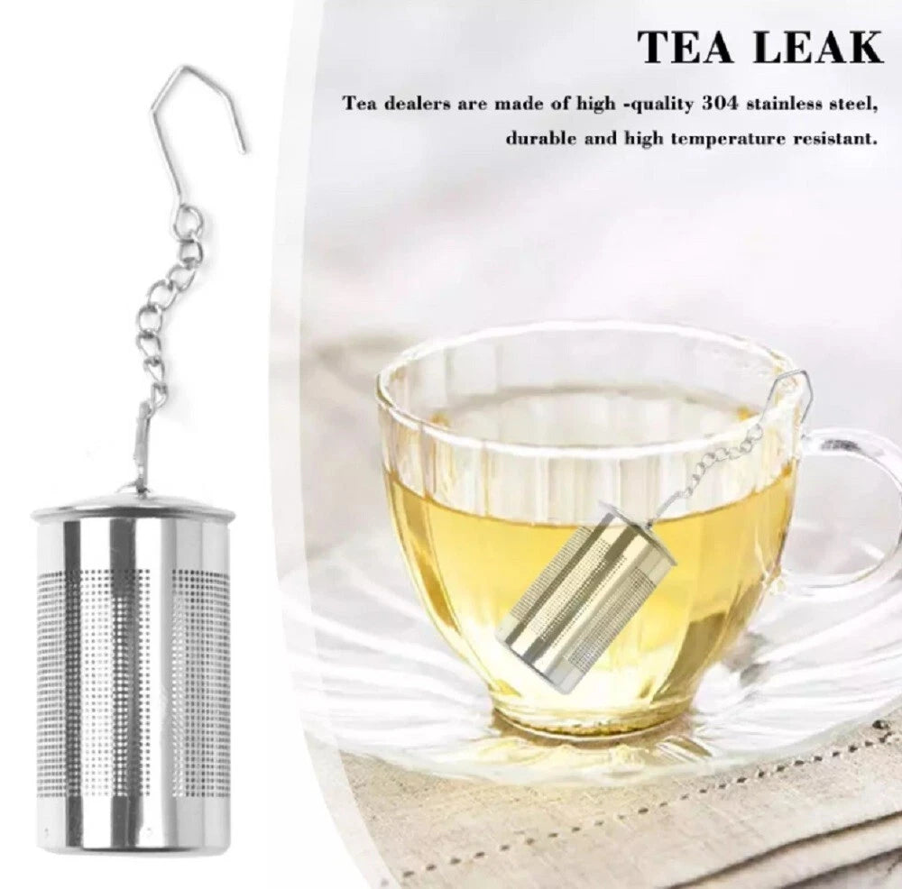 Stainless Steel Tea infuser with a cup of tea on a white background