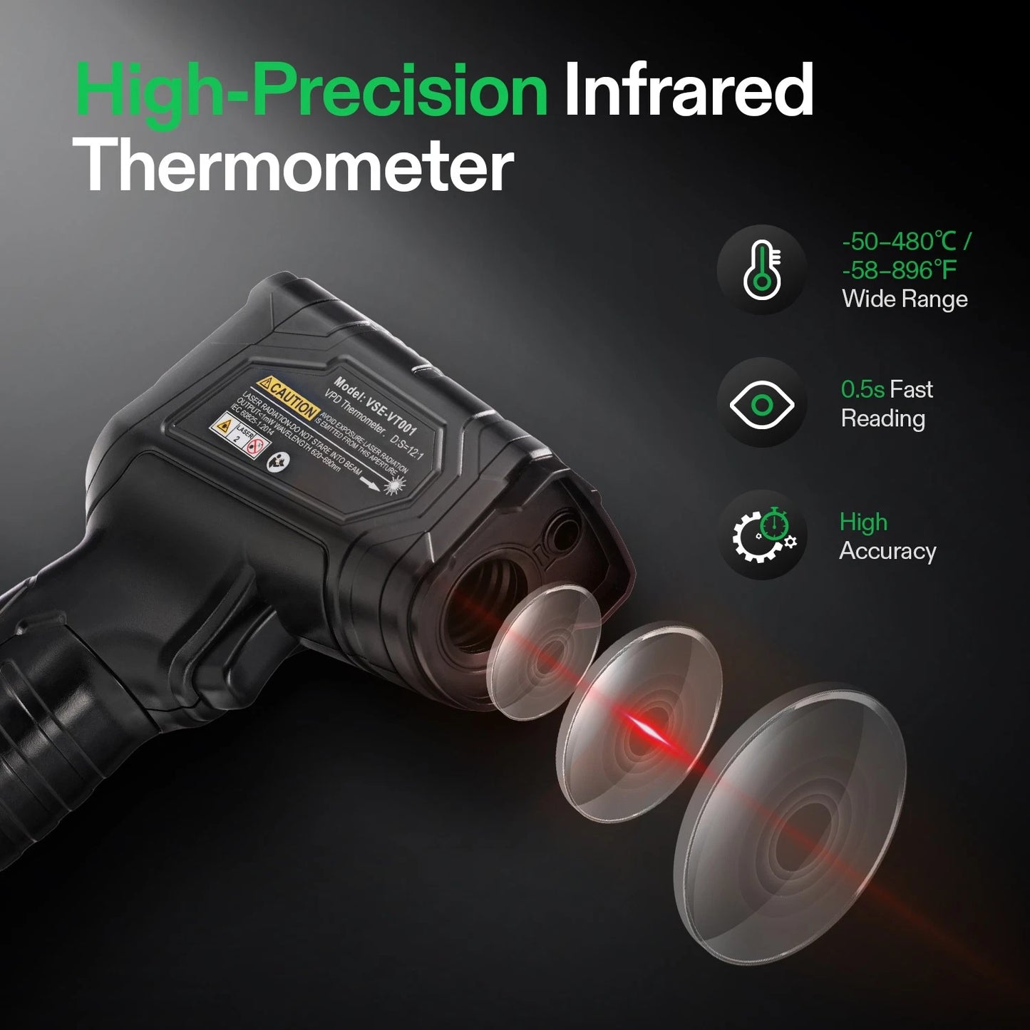 High-Precision Infrared Thermometer with features highlighted on a dark background