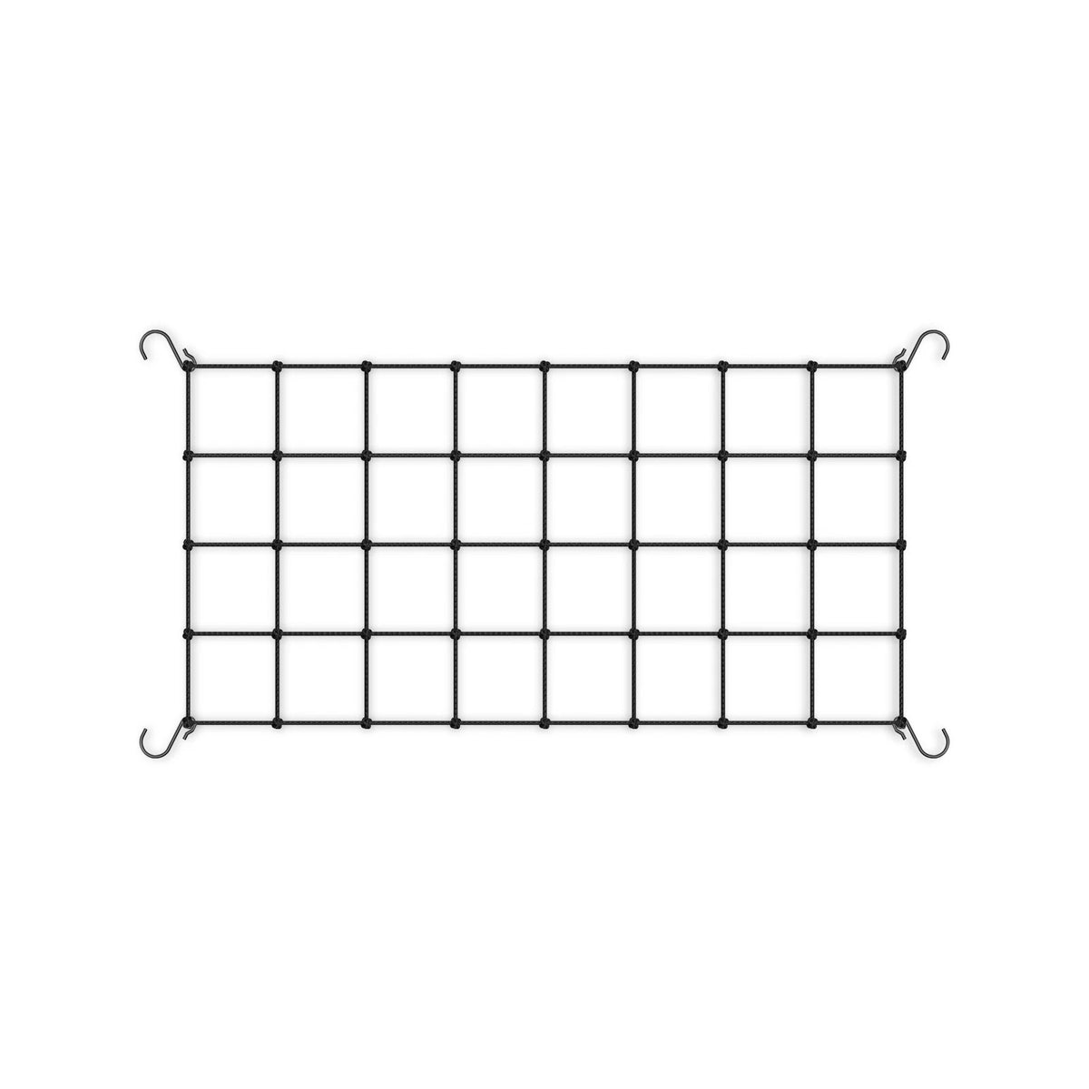 A black elastic plant trellis net with wall hooks with a rectangular five-by-six grid and hanging hooks in each corner, shown on a plain white background.
