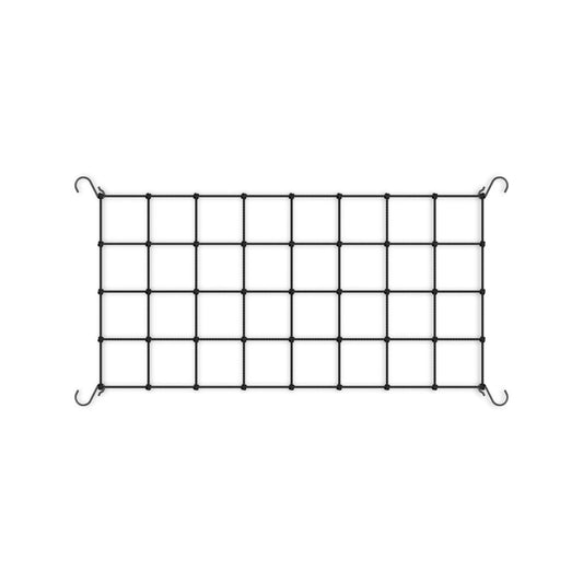 A black elastic plant trellis net with wall hooks with a rectangular five-by-six grid and hanging hooks in each corner, shown on a plain white background.