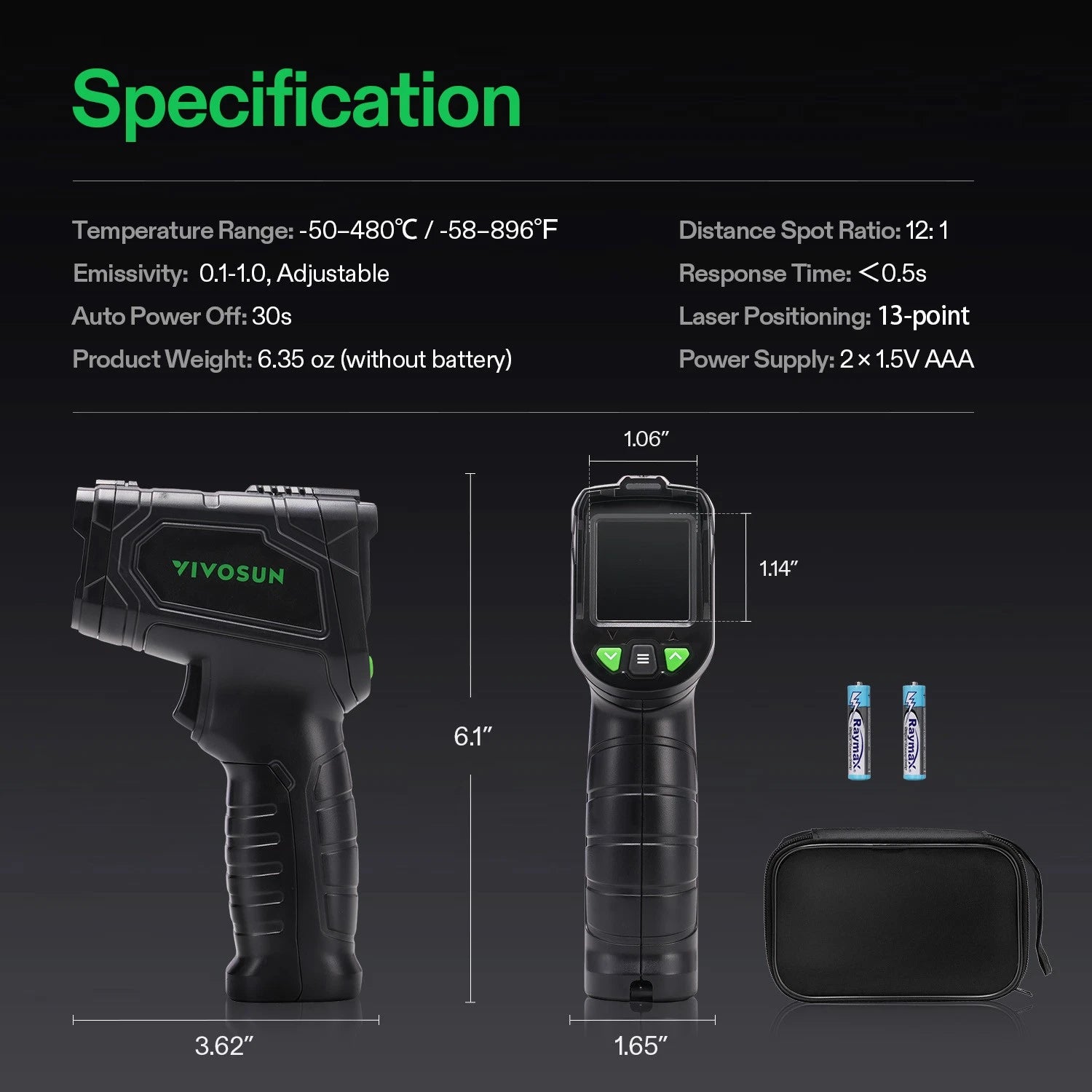 Specification and dimensions graphic for a VIVOSUN infrared thermometer, showing the handheld device from front and side views with measurements, plus a small black carrying case and two batteries on a dark background with green text.
