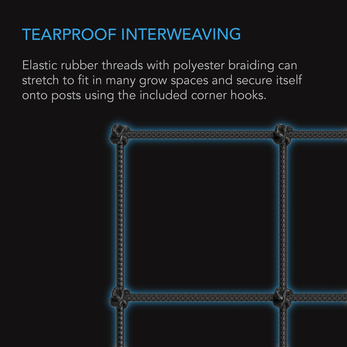 Tearproof trellis netting with elastic rubber threads and polyester braiding on a black background.