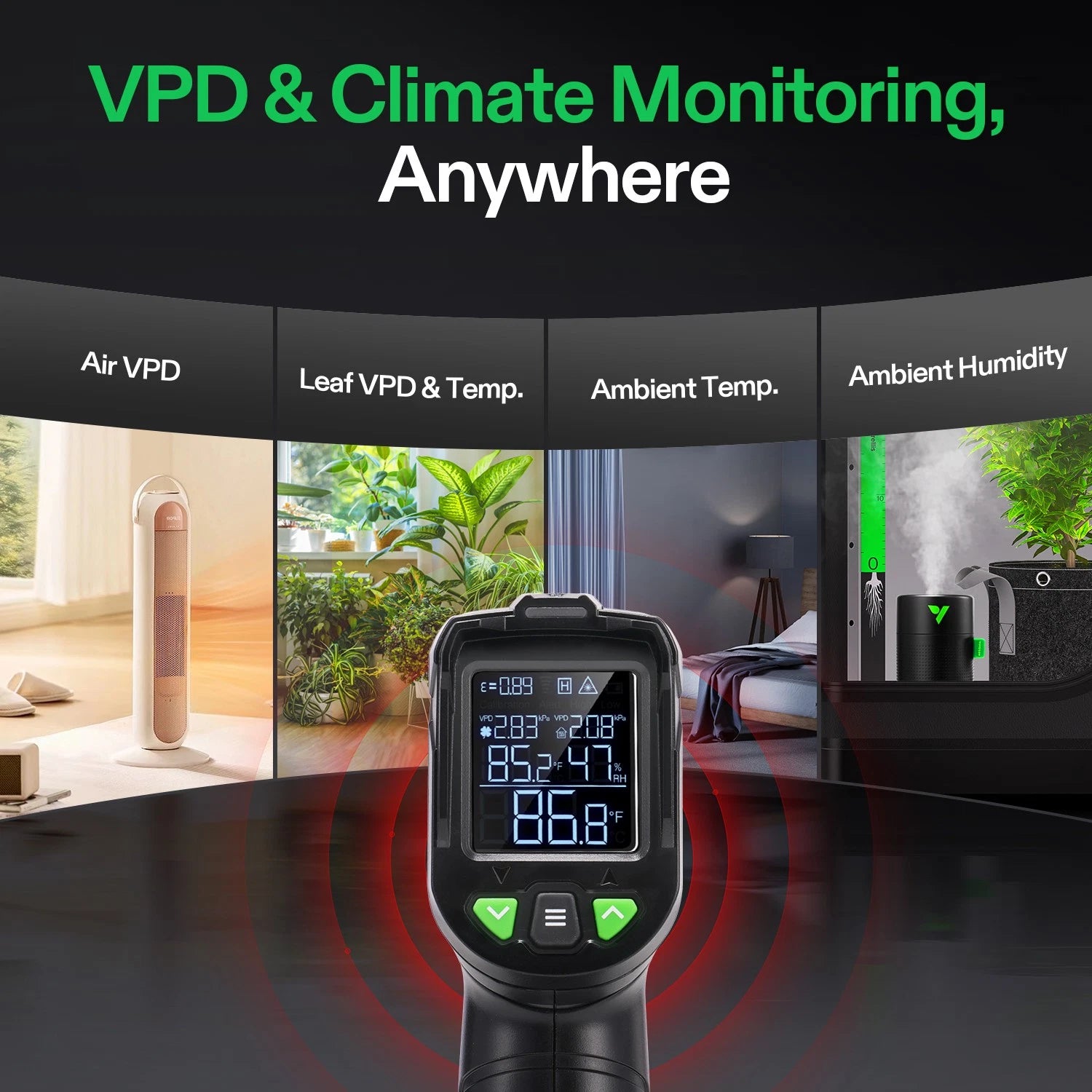 Digital device for VPD & Climate Monitoring with multiple screens showing indoor environments.