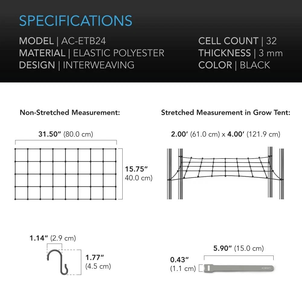 Technical specifications of an elastic plant trellis net grid with dimensions and measurements.