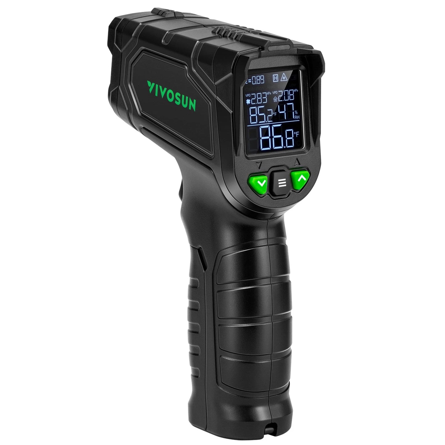 Black infrared thermometer with digital display on a white background, branded 'VIVOSUN'.
