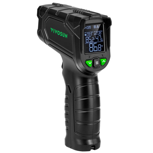 Black infrared thermometer with digital display on a white background, branded 'VIVOSUN'.