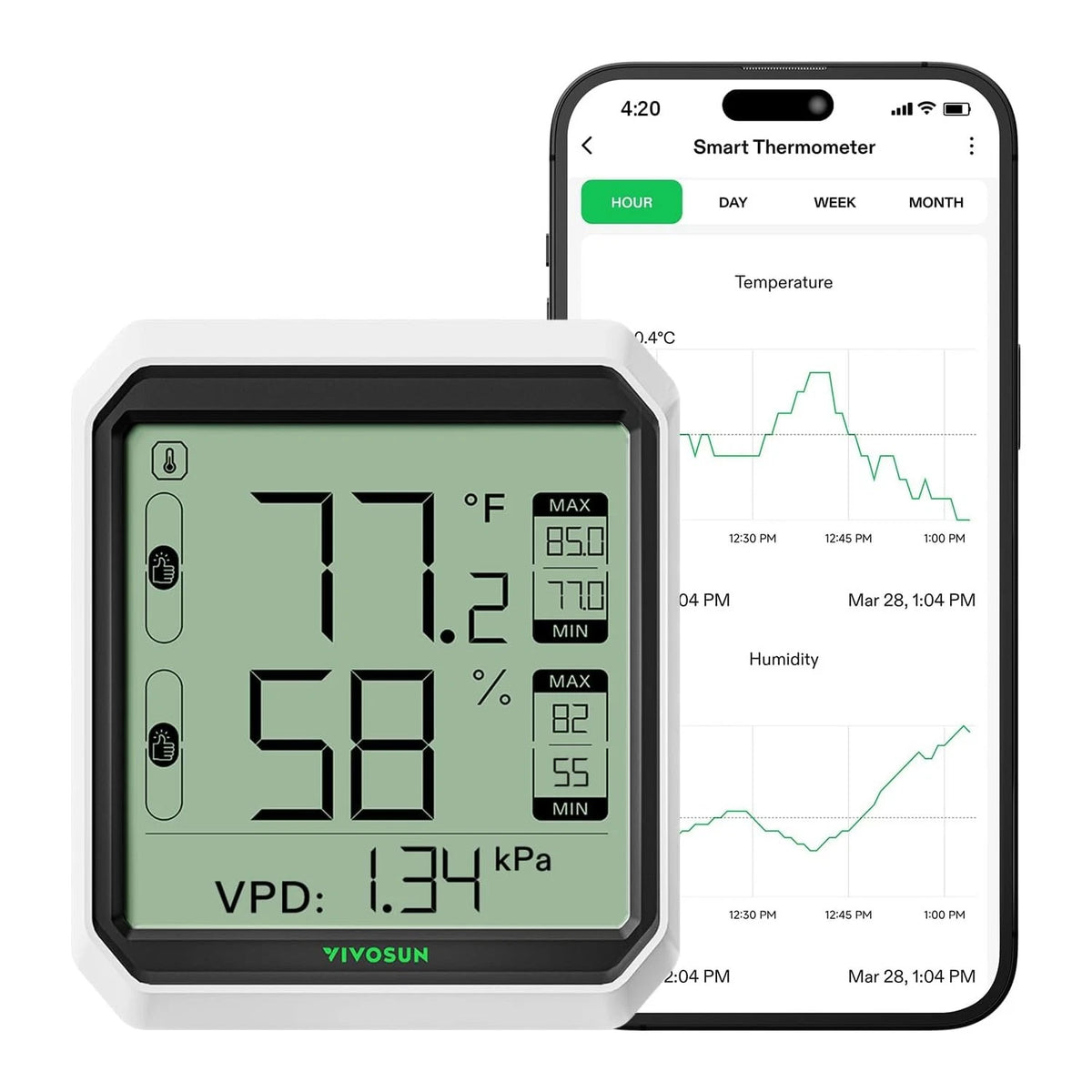 VIVOSUN Digital hygrometer thermometer with smartphone app displaying temperature and humidity data