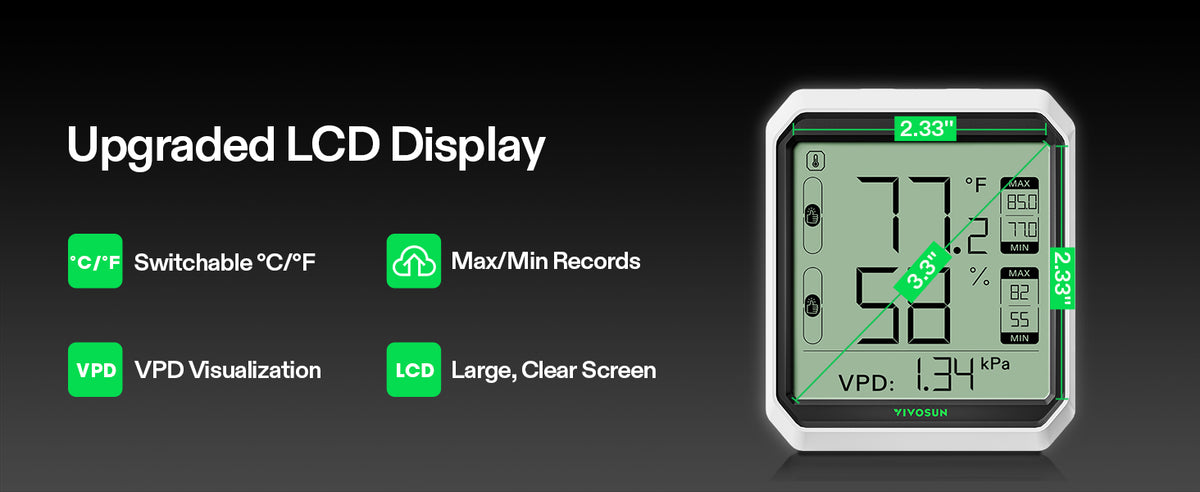 A digital VIVOSUN bluetooth hygrometer station with an upgraded LCD display, shown on a dark background with feature callouts for C/F temperature, switchable C/F display, max/min records, VPD visualization, and a large clear screen.