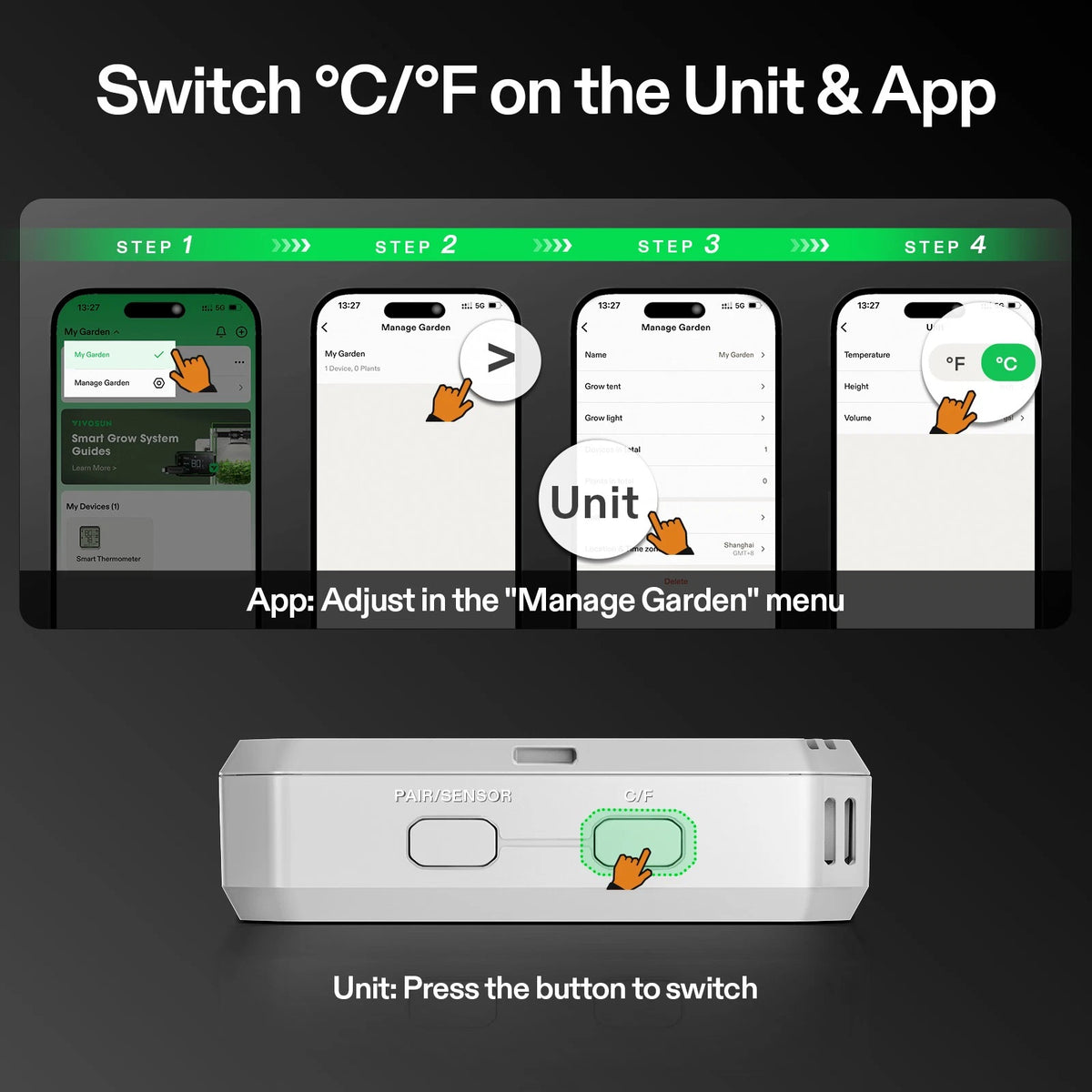 Instructions for switching between °C and °F on a unit and app with smartphone screenshots.