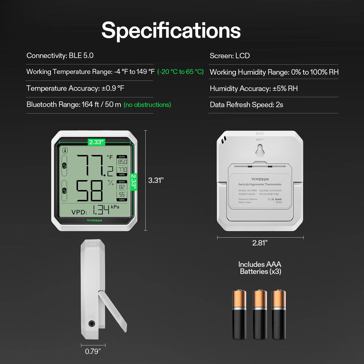 Specifications chart for a digital indoor humidity and temperature sensor, showing front and back dimensions, connectivity details, battery count, and the sensor with batteries on a dark gray background.