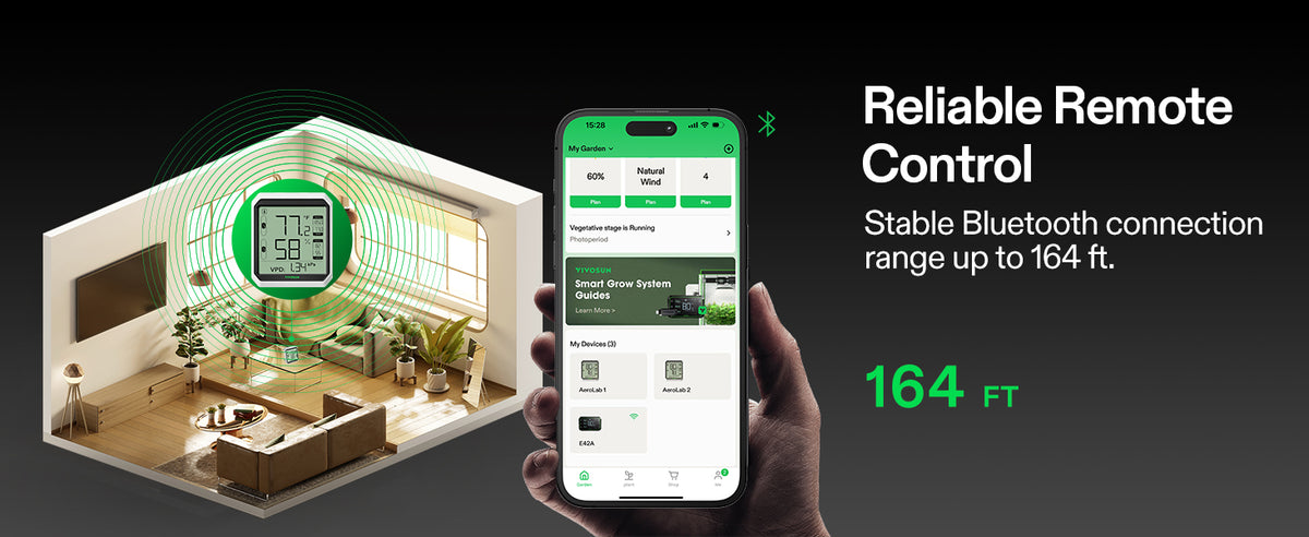 A hand holds a smartphone showing a smart home remote control app interface, next to a 3D-rendered living room with green wireless signal waves and a smart thermostat, on a dark background with text reading 'Reliable Remote Control' and '164 FT'.