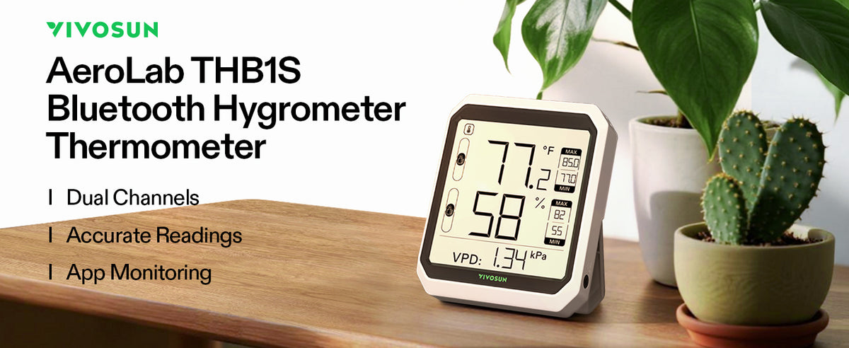 A VIVOSUN AeroLab THB1S Bluetooth hygrometer thermometer sits on a wooden tabletop next to potted plants. The device has a white and gray body with a large digital screen showing humidity and temperature readings.