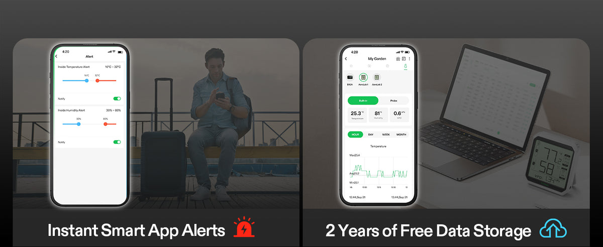 Promotional banner for a smart app feature, showing two smartphone app screens overlaid on lifestyle scenes. The left side shows a man sitting by a railing with a phone, labeled 'Instant Smart App Alerts' with a red alarm icon.