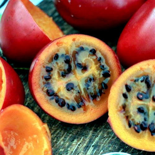 Close-up of a halved Tamarillo tomato tree fruit with a dark interior on a wooden surface. Cyphomandra betacea