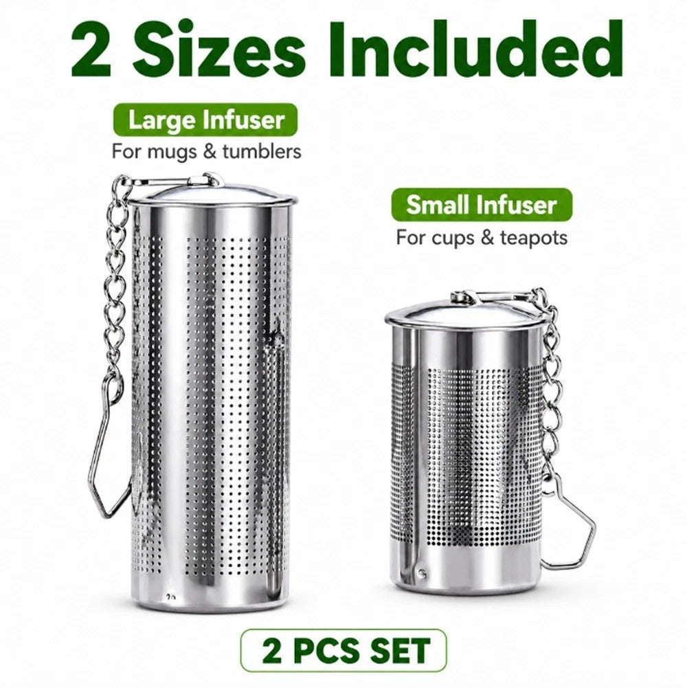 Two stainless steel tea infusers with labels for large and small sizes on a white background.