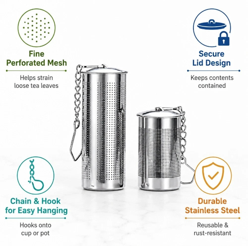 Stainless steel tea infuser with features highlighted on a white background