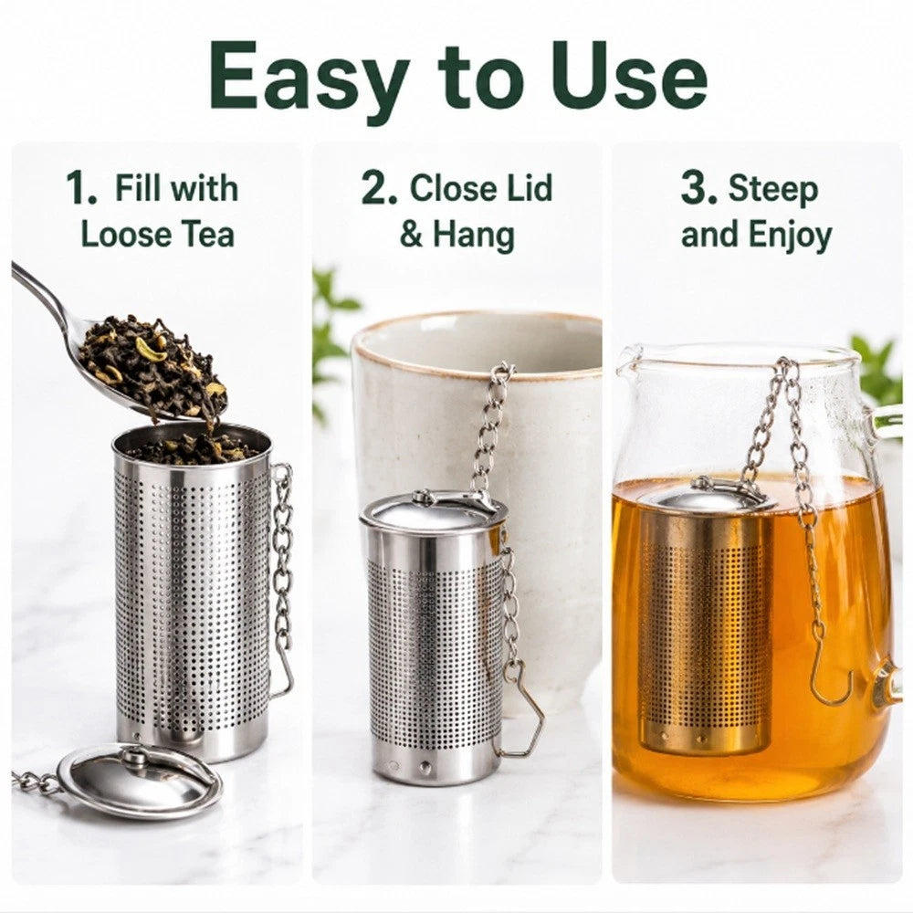 Tea infuser with step-by-step instructions on how to use it.