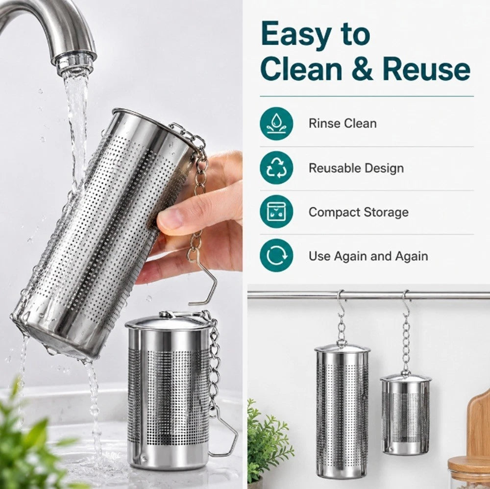 Metal tea infuser being rinsed under running water with text highlighting its features.